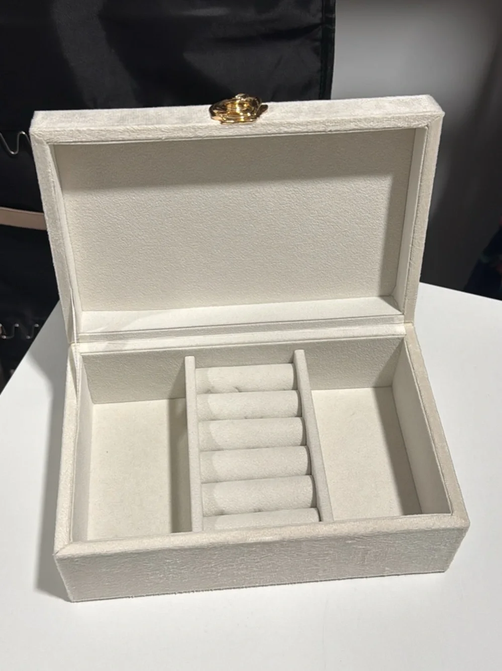 Ivory Velvet Jewelry Box with Gold Rose Accent